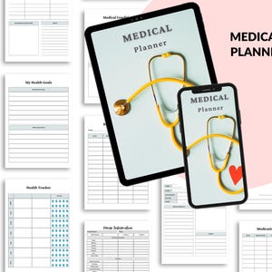 Puede incluir: Un planificador médico digital que se muestra en una tableta y un teléfono inteligente, con un diseño de estetoscopio amarillo. El texto "MEDICAL Planner" es visible en ambos dispositivos. Alrededor de los dispositivos hay varios formularios médicos impresos.