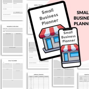 Puede incluir: Un planificador digital para pequeñas empresas que se muestra en una tableta y un teléfono inteligente, con un gráfico de fachada de tienda. Las páginas del planificador incluyen secciones para la descripción general del negocio, la revisión semanal, la planificación diaria y el seguimiento financiero.