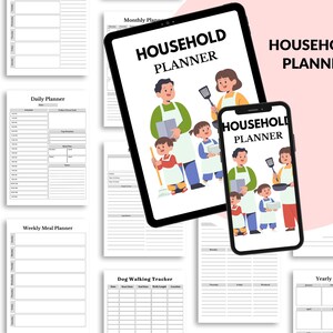 Puede incluir: Un planificador doméstico digital que se muestra en una tableta y un teléfono inteligente, con una ilustración familiar. La tableta muestra el título "HOUSEHOLD PLANNER" con un gráfico familiar. Varias páginas del planificador son visibles en el fondo.
