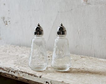 Vintage Clear Etched Salt and Pepper Shakers, Pair