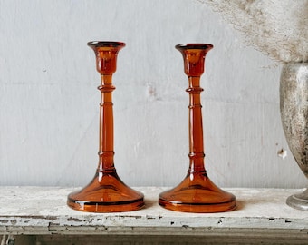 Vintage Amber Glass Candlesticks, Pair