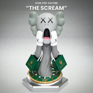 Può includere: Una statuetta grigia di un personaggio dei cartoni animati con gli occhi sbarrati e la bocca aperta, le mani sul viso. Tiene due borse della spesa verdi con il logo Rolex. La base è un design del quadrante dell'orologio con la scritta "THE SCREAM".