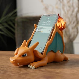 Charizard Inspired Phone Stand 3D Printed Hand Painted Desk Holder Gaming Setup Decor
