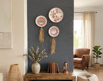 Hand Painted Tile Wall Plates Set - Sakura Floral Boho Decor - Wall Mirror