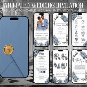 May include: A digital wedding invitation set displayed on smartphones, featuring a blue envelope with a gold wax seal, floral accents in dusty blue and white, and text including Wedding Timeline, RSVP, and Thank You, all customizable in Canva.