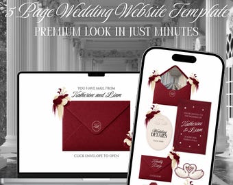 May include: A wedding website template displayed on a laptop and smartphone. The template features a burgundy envelope design with floral accents and the text "Katherine and Liam." The smartphone shows various wedding details.