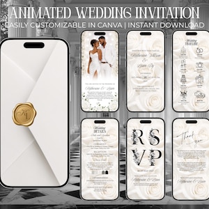 May include: A digital display of an animated wedding invitation template set on smartphones, featuring a white envelope with a gold wax seal, wedding details, timeline, RSVP, and thank you cards with floral rose backgrounds and elegant text.