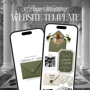 May include: Two smartphones displaying a wedding website template. The template features olive green envelope designs, invitation cards, and a photo. Text includes "5 Page Wedding WEBSITE TEMPLATE" and wedding details.