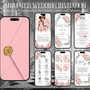 Blush Pink Animierte Hochzeitsvideoeinladung Vorlage Canva Bearbeitbar Speichern Sie das Datum rsVP Elegante moderne digitale Hochzeitseinladung