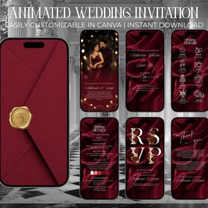 Burgundy Animated Wedding Video Invitation Template Canva Editable Save the Date RSVP Elegant Modern Digital Wedding Invite