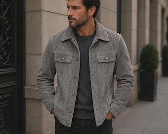 Chaqueta de camionero de ante gris para hombre, hecha a medida, suave y auténtica.