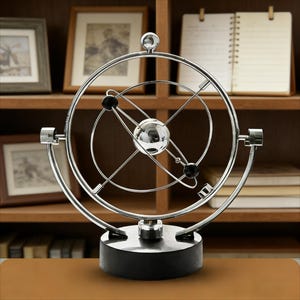 Puede incluir: Una escultura cinética de la cuna de Newton de color plateado con una base negra. La escultura presenta una esfera central, esferas negras más pequeñas y arcos metálicos circulares. El fondo incluye una estantería de madera con cuadros enmarcados.