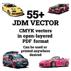 May include: An image showcasing four JDM car illustrations in yellow, red, and pink, accompanied by the text "55+ JDM VECTOR". The image also includes text detailing CMYK vectors in open-layered PDF format for printing.
