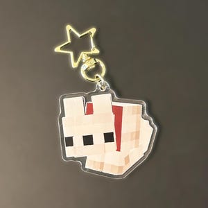 Könnte beinhalten: Ein klarer Acryl-Schlüsselanhänger mit einem pixeligen Design eines Charakterkopfes mit rotem Streifen und schwarzen Augen. Der Schlüsselanhänger hat einen goldfarbenen sternförmigen Verschluss.