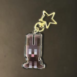 May include: A clear acrylic keychain featuring a pixelated black rabbit design. The keychain has a gold-colored star-shaped clasp and a small ring. The rabbit has pink, blue, and black details.