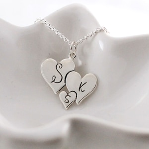 Grandmother necklace - Initial heart necklace - Sterling silver necklace - Generations - 3 heart necklace - Personalized - Hand stamped