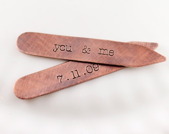 Hand Stamped Copper Collar Stays: Personalized Groom Gift Set