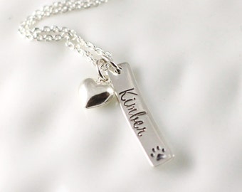 Pet name necklace - Hand stamped jewelry - Personalized jewelry - Paw print necklace - Pet lover - Sterling silver - Dog mom - Pet memorial