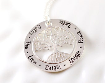 Hand Stamped Tree of Life Necklace – Personalized Sterling Silver Family Name Jewelry