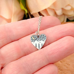Mountain necklace - Sterling silver - Wanderlust jewelry - Night sky - Moon and stars- Gift for her - Mountain heart - Mountains are calling