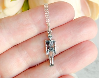 Sterling Silver Skeleton Necklace, Dainty Halloween Jewelry