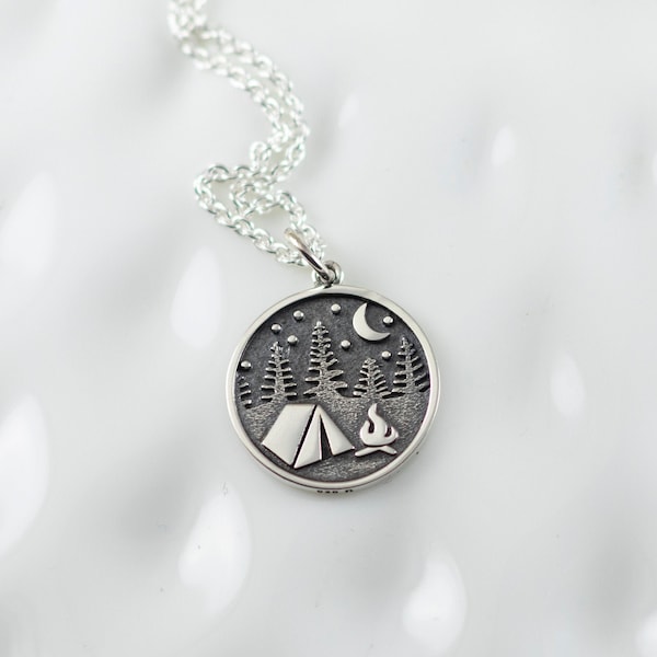 Outdoor lover necklace - Sterling silver - Wanderlust jewelry - Night sky - Tent camping - Gift for her - Great outdoors - Nature lover