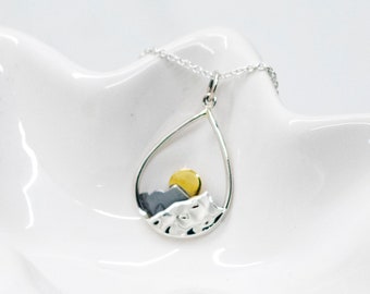 Mountain sunrise teardrop necklace - Sterling silver - Wanderlust - Gift for her - Nature pendant - Mountains are calling- Adventure jewelry