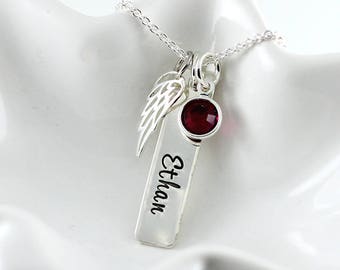 Hand Stamped Sterling Silver Memorial Necklace – Angel Wing, Birthstone