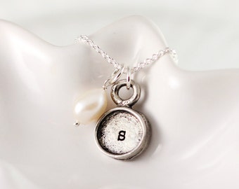 Typewriter key necklace - Hand stamped initial necklace - Initial charm jewelry - Mom jewelry - Bridesmaid gift - Vintage style necklace