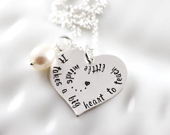 Teacher necklace - Hand stamped jewelry - Sterling silver heart necklace - It takes a big heart to teach little minds - Teacher gift
