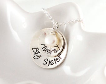 Big sister necklace - Personalized jewelry - Sterling silver - Custom hand stamped - Name necklace - Little girl necklace - Big sister gift