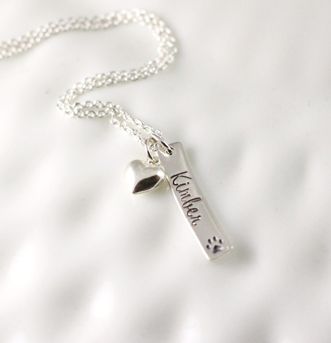 Pet Name Necklace Hand Stamped Jewelry Personalized Jewelry Paw Print