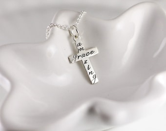 Amazing Grace necklace - Sterling silver hand stamped necklace - Cross necklace - Inspirational jewelry - Encouragement gift, Faith jewelry