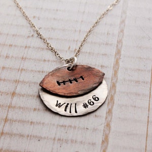 Football mom, proud parent, team pride, Personalized hand stamped necklace, sterling silver and copper football necklace
