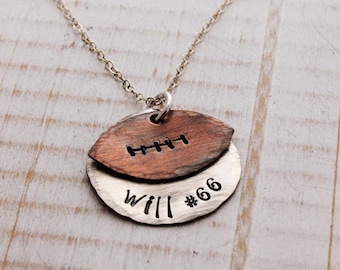 Football mom, proud parent, team pride, Personalized hand stamped necklace, sterling silver and copper football necklace