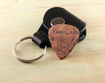 Custom copper guitar pick with case - Hand stamped copper - Keep Calm & Play On - Musician gift