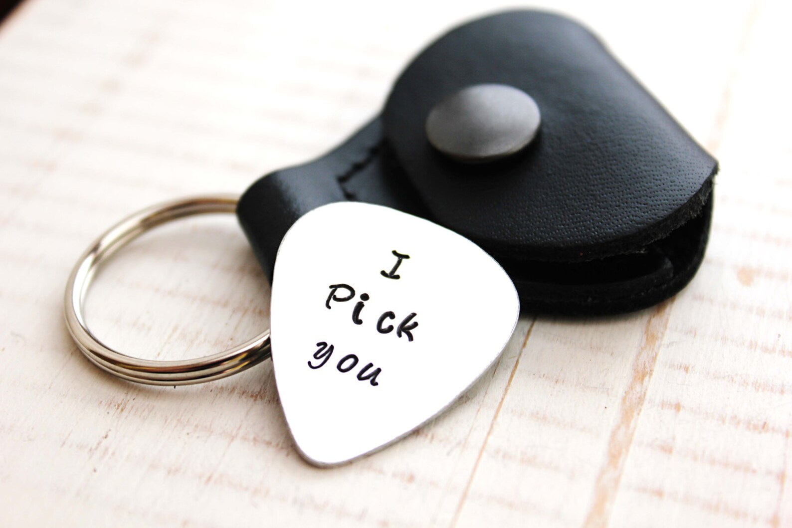 Guitar Pick With Leather Case Keyring Hand Stamped i Etsy
