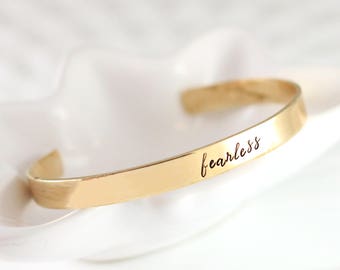 Personalized skinny cuff bracelet - inspiration bracelet - Inspirational jewelry - Hand stamped cuff - Gold cuff - Fearless - Stacking cuff