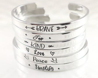 Personalized skinny cuff bracelet - inspiration bracelet - Inspirational jewelry - Hand stamped silver cuff - One word cuff - Stacking cuff