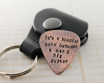 Copper guitar pick with leather case keyring, hand stamped customized
