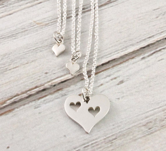 Mother and 2 daughter necklace set Sterling Silver Small Cutout Heart