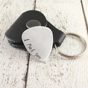 Custom guitar pick with leather case - Hand stamped guitar pick - I pick you - Gift for him - Musician gift - Personalized gift- Fathers Day