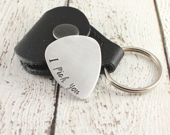 Custom guitar pick with leather case - Hand stamped guitar pick - I pick you - Gift for him - Musician gift - Personalized gift- Fathers Day