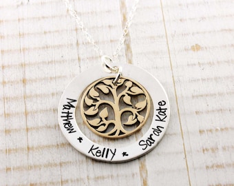 Personalized necklace, Hand stamped mommy necklace...sterling silver washer with tree of life charm