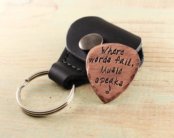 Where words fail Music speaks - Custom copper guitar pick with case - Hand stamped copper - Musician gift