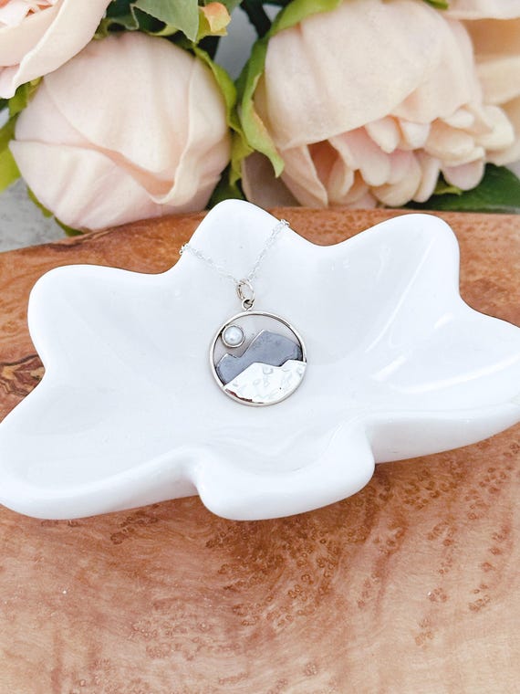 Sterling Silver Mountain Necklace - Pearl Moon, Nature Pendant