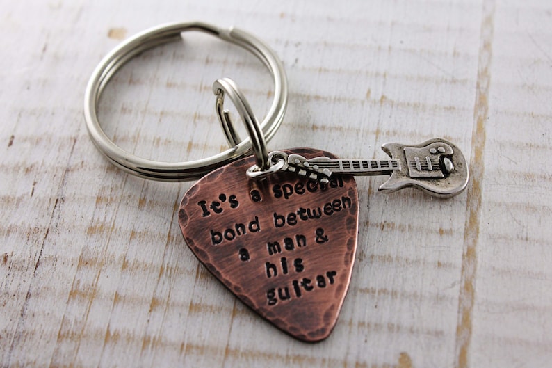 Copper guitar pick keychain, keyring with guitar, hand stamped customized image 2