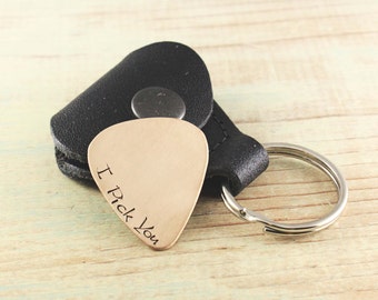 Custom guitar pick - Leather case - Hand stamped gold pick - Gift for him - Musician gift - Personalized gift - I pick you - Father's Day