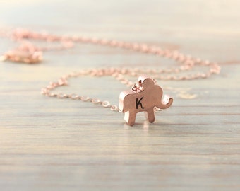 Monogram necklace -  Rose gold elephant necklace - Lucky elephant - Hand stamped necklace - Initial necklace - Personalized jewelry