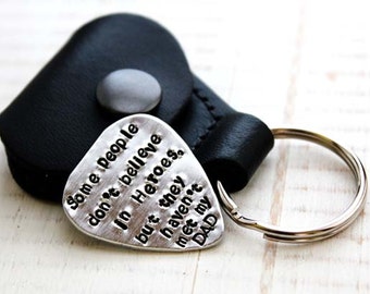 Guitar pick with leather case keyring, hand stamped customized for Dad